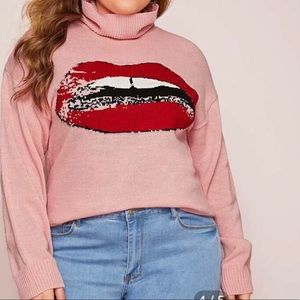 Plus Size Funnel Neck Red Lip Sweater